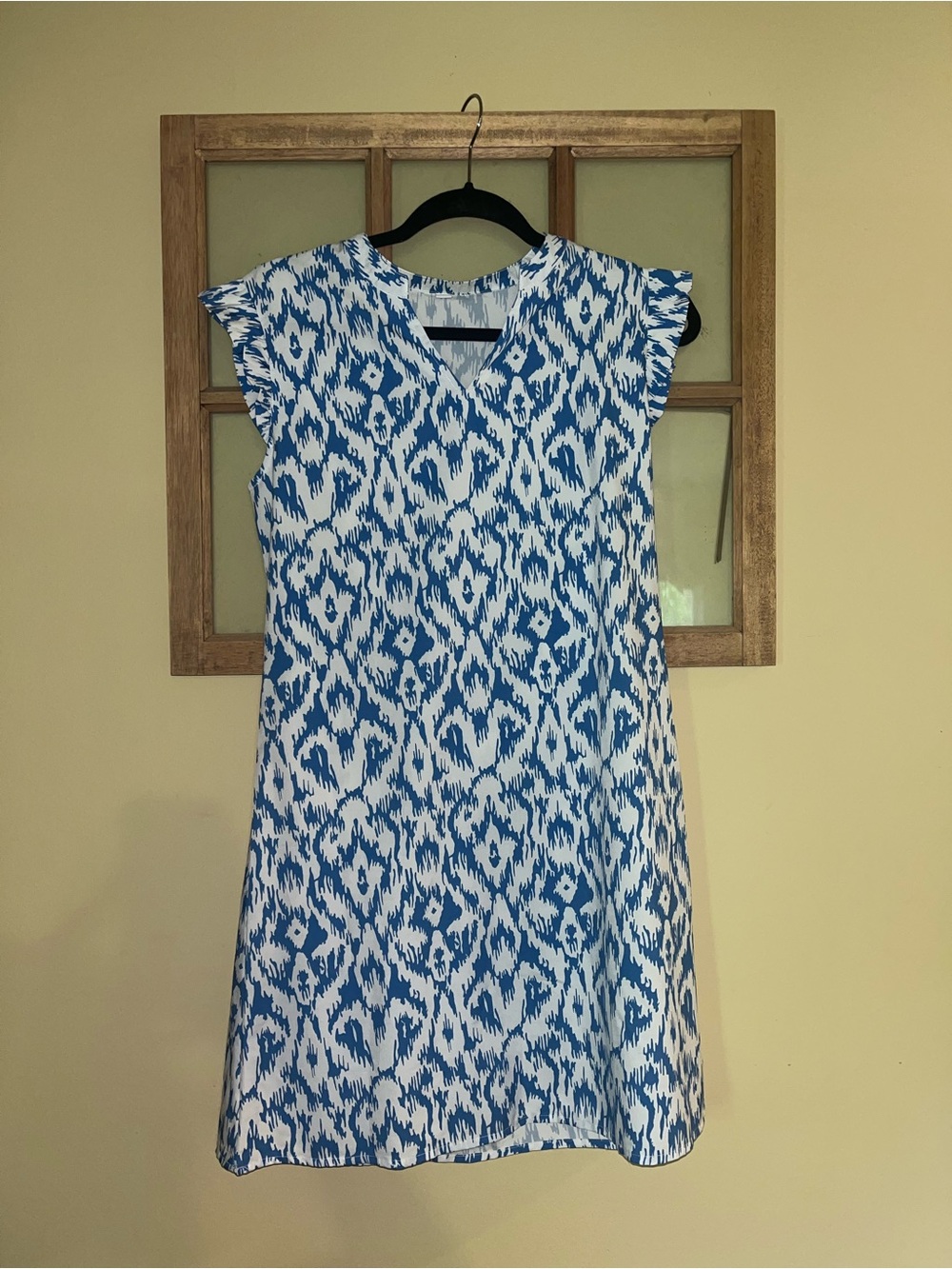 Blue and White Ikat Midi Dress with V-Neck